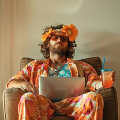 Retro-styled man with flower crown, laptop, and drink relaxing on chair in vibrant outfit. Hippie lifestyle and relaxed ambiance.