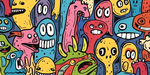 Obraz premium Abstract face cute monsters cartoon character in doodle style.