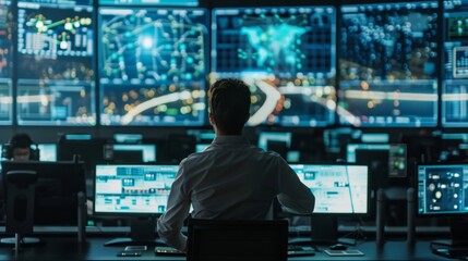 A traffic control room with large screens displaying realtime data and predictions from AI traffic systems.