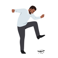 Angry black businessman throwing his mobile phone. Flat vector illustration isolated on white background