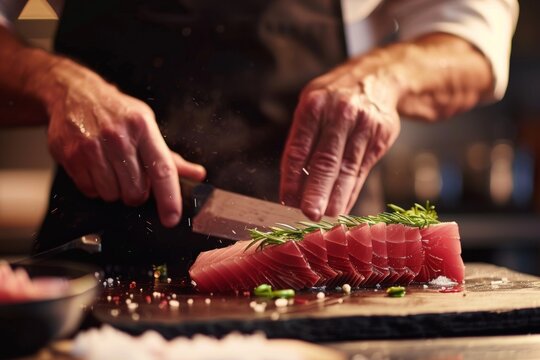 Master chef expertly carving a fresh tuna loin, demonstrating precision and expertise in seafood presentation.