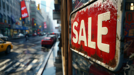 Picture of shop at fashion store window display with text SALE on red poster in the shopping mall. Sale concept Sale sign in a shop window and people in street in background AI