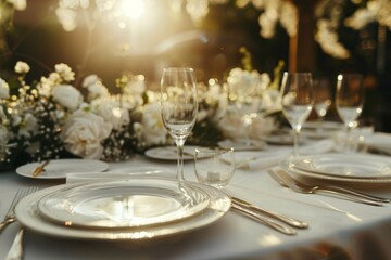 Exquisite table setting with empty plates and polished cutlery, accented by the dreamy atmosphere of a wedding ceremony nearby.