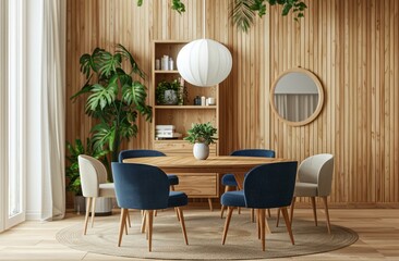A dining room with a round wooden table, four blue chairs and two beige armchairs, a white pendant light above a small shelf on the wall