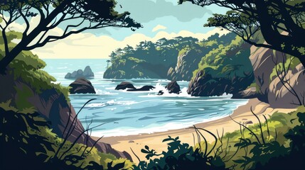 A Scenic View Of A Beach Surrounded By Rugged Cliffs And Dense Forest, Cartoon ,Flat color