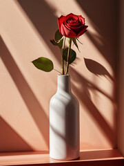 Elegant ravishing delicate red rose flower in the vase, wall with sunlight and shadows behind