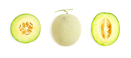 Cantaloupe melon cut in half isolated on white background, Green melon	