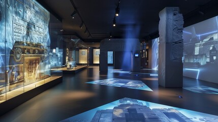 An expansive archaeology center features 3D models of ancient civilizations showcased via holographic projectors.