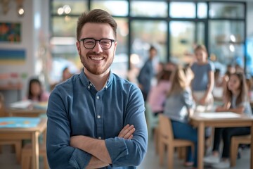 Fototapeta premium young smiling school teacher with blurred modern classroom with kids in the background, back to school