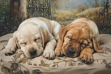 Two cute labrador retriever pups sleeping on a cushion, AI generated