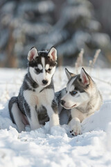 Naklejka premium Two cute Alaskan Husky pups playing in snow, AI generated
