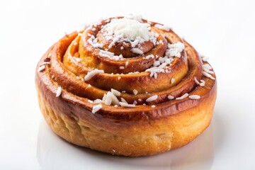 One cinnamon roll isolated on white background, sweet bun, cromboloni