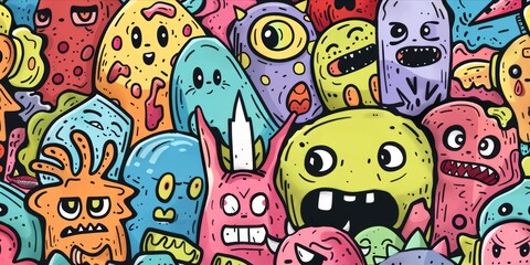 Abstract face cute monsters cartoon character in kawaii doodle style.