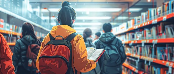 A group of students with backpacks exploring shelves in a library, reading books and studying in an academic environment.