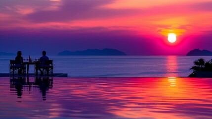 A romantic dinner setting by the infinity pool with stunning sunset view over the ocean, featuring vibrant, colorful sky and serene atmosphere.