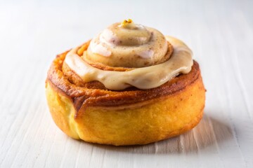 One cinnamon roll isolated on white background, sweet bun, cromboloni