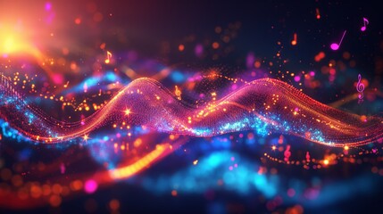 Obraz premium Abstract colorful wave of light particles on a dark background, representing energy and motion in a vibrant, dynamic design.