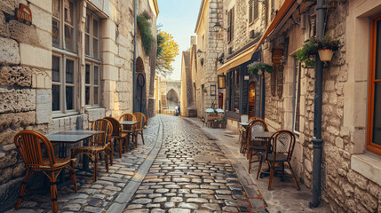 Obraz premium The old town streets are cobbled with charming cafes,each exuding its own unique charm.Tables and chairs spill onto the sidewalks,inviting passersby to linger over a cup coffee or a delightful pastry.