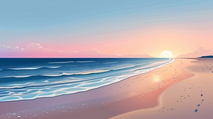 Fototapeta premium A Serene Beach At Sunrise, The First Light Of Day Illuminating The Sand And Sea, Cartoon ,Flat color