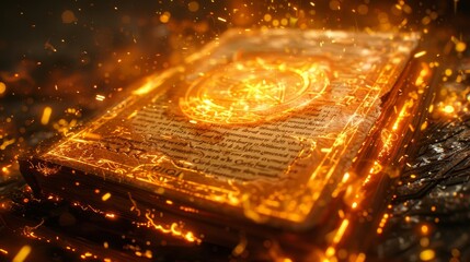 A glowing ancient book with magical symbols illuminated by fiery sparks, creating an atmosphere of fantasy and mystery.