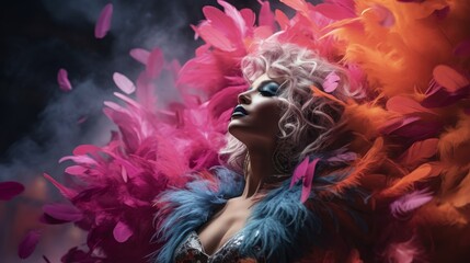 Dramatic portrait of a woman in vibrant feathers and bold makeup, exuding confidence and glamour, set against a dark, smoky background.