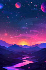 Fototapeta premium A beautiful painting of a starry night sky with a large planet and a smaller planet in the foreground. The sky is filled with stars and the sun is setting in the background