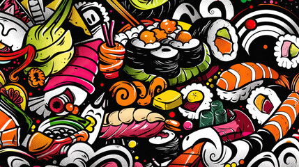 Obraz premium Japanese Food Doodle Background, this colorful background 