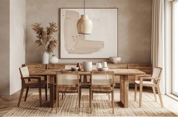 A dining room with a wooden table and chairs in the style of midcentury modern
