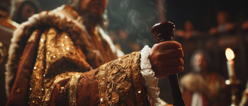A detailed image of a medieval king holding a scepter, dressed in luxurious golden robes during a royal ceremony in a grand hall.