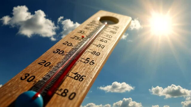 Abstract and background in summer with Thermometer in the blue sky and shining sun  Seamless looping 4k time-lapse animation video background