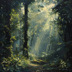 Tranquility envelops a lush forest, with sunlight filtering through the canopy of leaves. The dappled light creates a serene ambiance, casting enchanting patterns on the forest floor.The gentle rustle