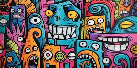 Obraz premium Abstract face cute monsters cartoon character in kawaii doodle style.