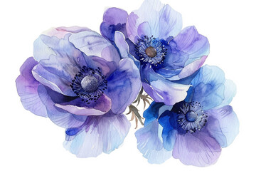 Watercolor anemone clipart featuring bold blooms in shades of purple and blue 