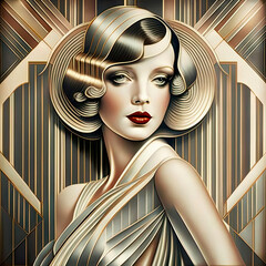 A beautiful young blonde lady in the style of a vintage Art deco poster, retrofuturism.
