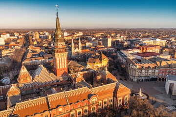 Aerial view of a famous Subotica town hall as a symbol of the city history and architectural...