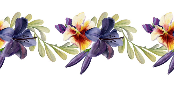 Hand drawn watercolor illustration shabby boho botanical flowers green leaves. Dark lily clivia amaryllis, pansy viola violet. Seamless banner isolated on white. Design wedding suite, love cards, shop
