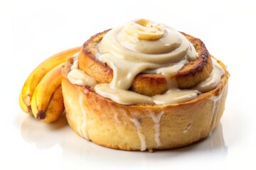 One cinnamon roll with banana cream isolated on white background, sweet bun, cromboloni