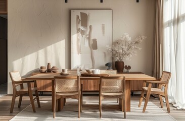 A dining room with a wooden table and chairs in the style of midcentury modern
