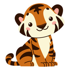 Flat vector illustration in children's style. Cute tiger cub on white background . Vector illustration