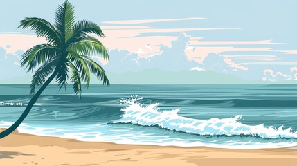 A Serene Beach With Gentle Waves And A Single Palm Tree, Cartoon ,Flat color