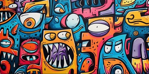 Obraz premium Abstract face cute monsters cartoon character in kawaii doodle style.