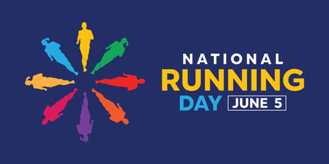 National Running Day. People and colorful. Great for cards, banners, posters, social media and more. Blue background.