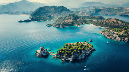 Viewed from above, the expansive sea stretches out, dotted with picturesque islands.azure waters...