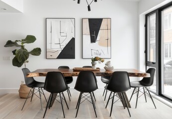 A dining table with black chairs and an art piece on the wall, featuring geometric shapes in white walls