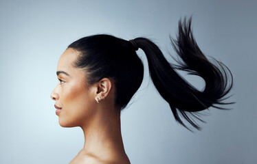 Hair, woman and profile of ponytail for beauty, keratin and wellness isolated in studio. Female...