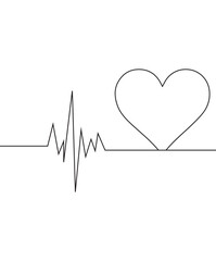 Heart beat one line. Continuous lines heart beats drawing. Wave pulse. Hand draw heartbeat. Design heartbeat for print. Black silhouette cardiogram isolated on white background. EPS 10