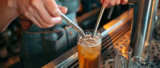 A person using a reusable metal straw in a drink