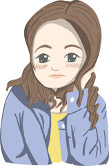 Portrait of a girl with big eyes and long curly brown hair.