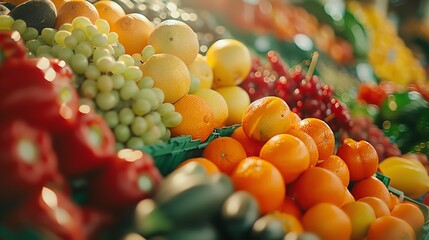 A vibrant display of fresh fruits and vegetables at a market, featuring colorful produce including oranges, grapes, and bell peppers.