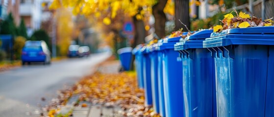 A  of blue recycling bins on a street